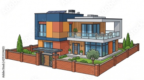 Modern luxury house exterior with contemporary architecture and landscaped garden design.