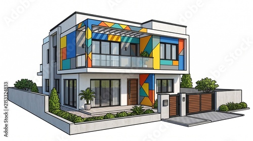 Modern colorful two-story house exterior with vibrant geometric facade and balcony design