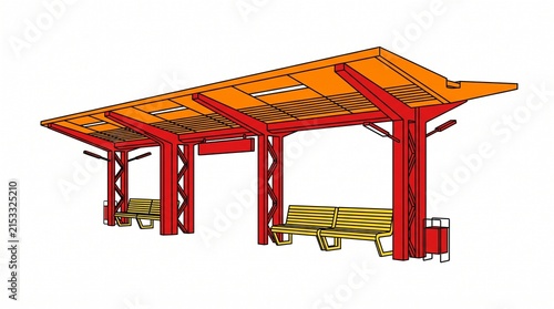 Modern red metal bus stop shelter with wooden benches isolated on white background