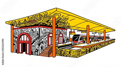 Isometric 3D illustration of modern food truck or mobile café with outdoor seating area under yellow canopy