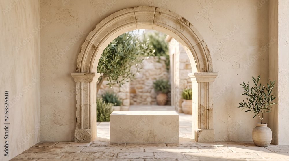 Fototapeta premium Warm Mediterranean architectural interior featuring a limestone archway, minimalist stone pedestal, wooden floor, plants, and natural sunlight.