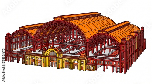 3D architectural model of a large industrial market hall with vaulted steel roof structure.
