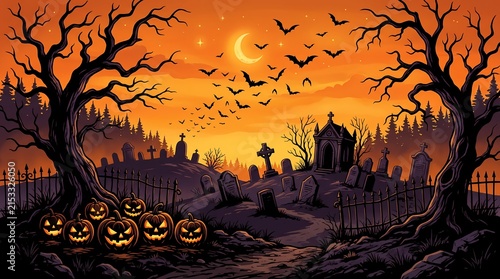 Halloween Cemetery Scene with Jack-o-Lanterns and Bats
