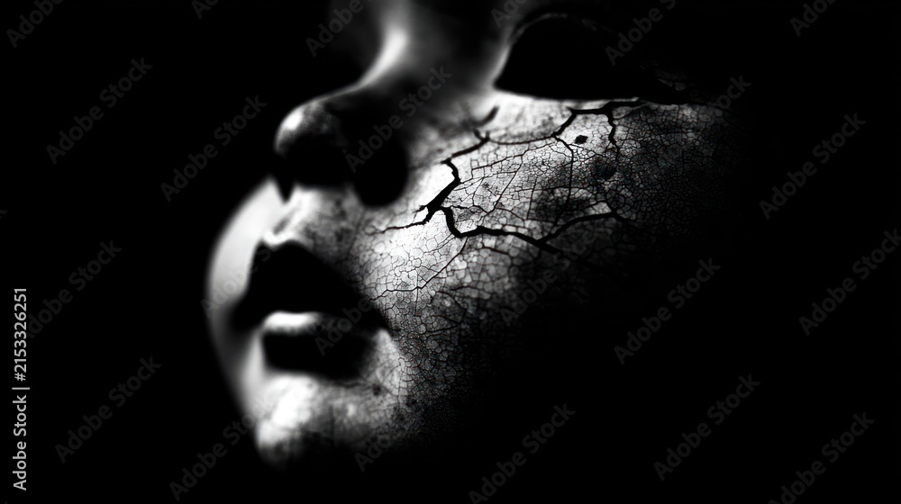 Obraz premium Close up of a cracked doll face in black and white dramatic lighting