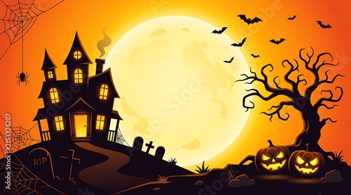Halloween Scene with Haunted House, Full Moon, and Pumpkins