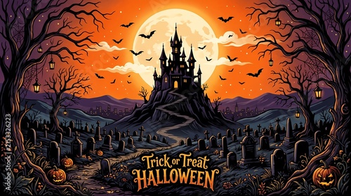 Halloween Scene with Castle, Bats, and Pumpkins