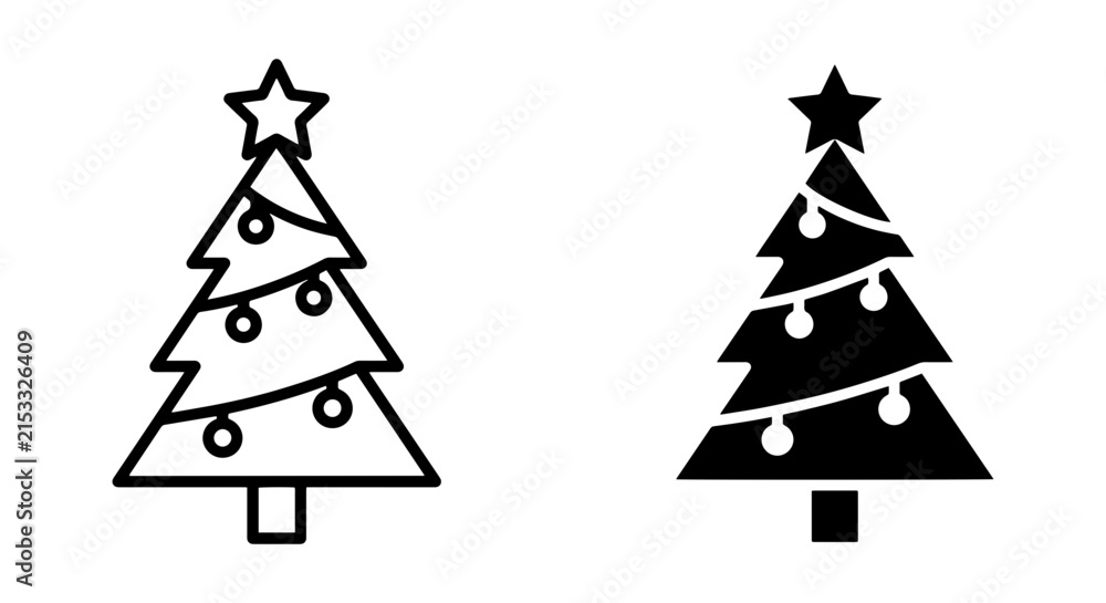 Fototapeta premium Christmas Tree Icons, Festive Holiday Decoration Vector Graphics, Winter Season Celebration Symbols