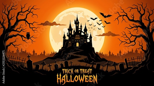 Halloween Castle with Full Moon and Bats