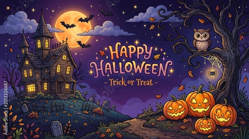 Halloween Scene with Haunted House, Pumpkins, and Owl