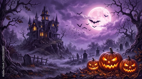 Spooky Haunted House Scene with Pumpkins and Bats