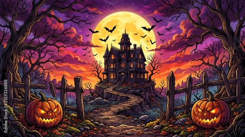 Spooky Halloween Scene with Haunted House and Pumpkins