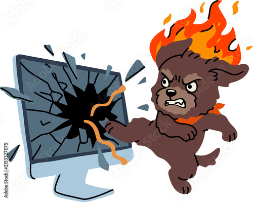 Furious Cartoon Dog Breaking Cracked Computer Screen