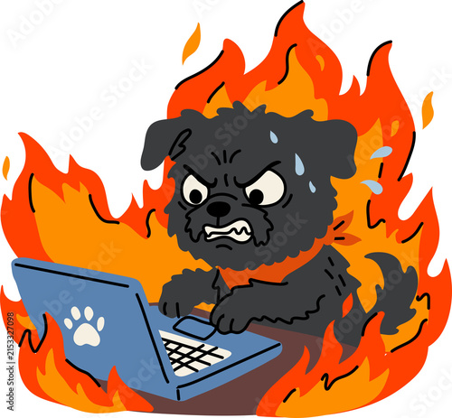 Frustrated Cartoon Dog Working on Computer in Fire