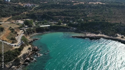 Aerial Drone Panoramic View of Turquoise Mediterranean Bay Surrounded by Rocky Coastline Karaburun Turkey