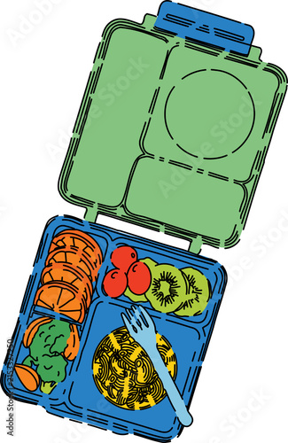 Foto Colorful School Lunchbox with Kiwi Carrots Broccoli and Pasta