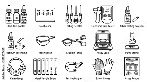 Картината върху платно Gold and silver testing equipment icons, 15 jewelry assay tool vectors, professi