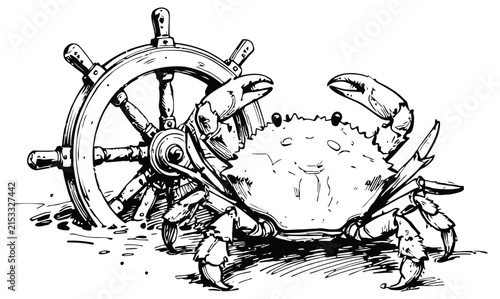 Blue crab holding ship steering wheel marine crustacean ocean navigation concept sketch