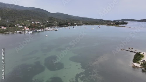 Aerial Drone View of Small Sandy Island and Marina in Bademli Bay Near Dikili, Izmir Turkey