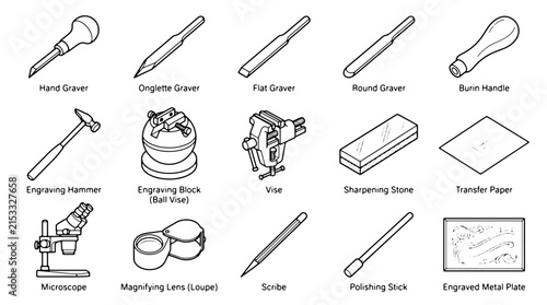 фотографія Professional engraving tools collection, 15 jewelry making equipment icons, hand