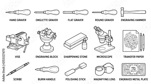 Foto Vintage engraving tools collection, professional jeweler equipment set with 15 l