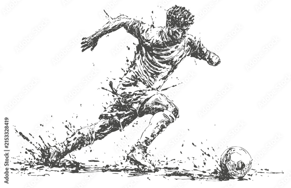 Fototapeta premium dynamic soccer player kicking the ball in motion sketch illustration