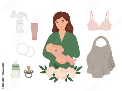Breastfeeding Mother and Baby Set with Nursing Essentials Vector Illustration