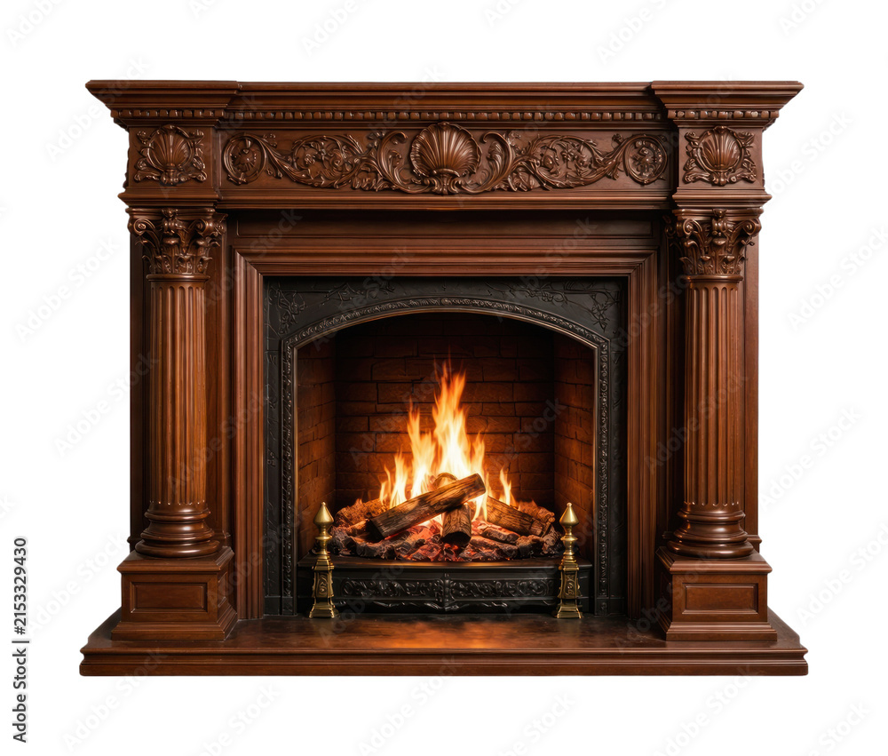 Fototapeta premium PNG Elegant wooden fireplace with carvings.
