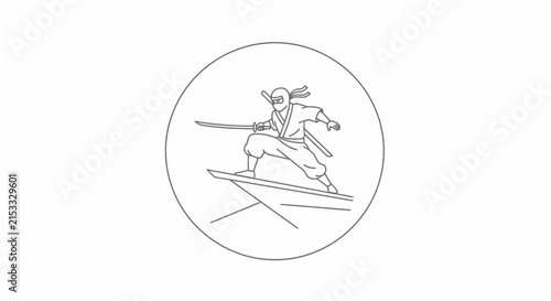 samurai on surfboard, drawn in circle