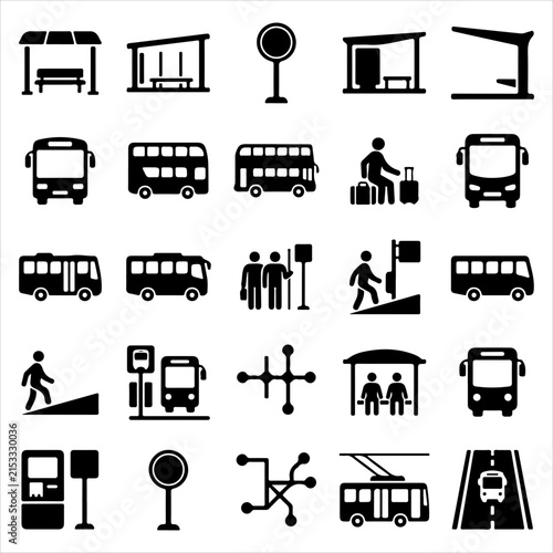 Public transportation bus station and transit system icon collection with transportation commuter traveling transport traveler infrastructure passenger mobility boarding terminal connection