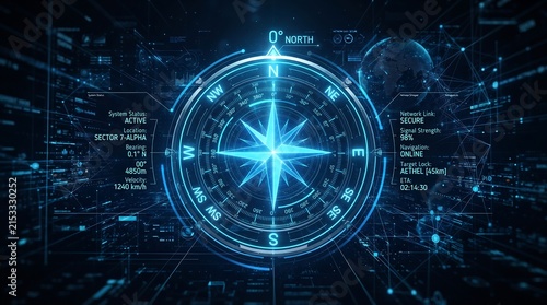 Futuristic digital compass interface with glowing blue holographic navigation elements data overlays and network connections representing advanced global positioning and mapping technology