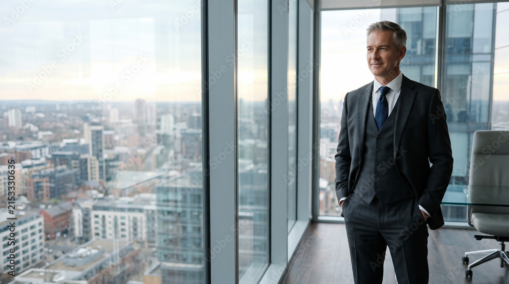 Fototapeta premium A Confident Businessman Gazing Out a High-Rise Window