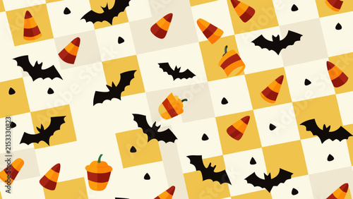 Halloween checkerboard pattern with bats and candy corn halloween checkerboard candycorn background wallpaper celebration seasonal illustration creative wrapping