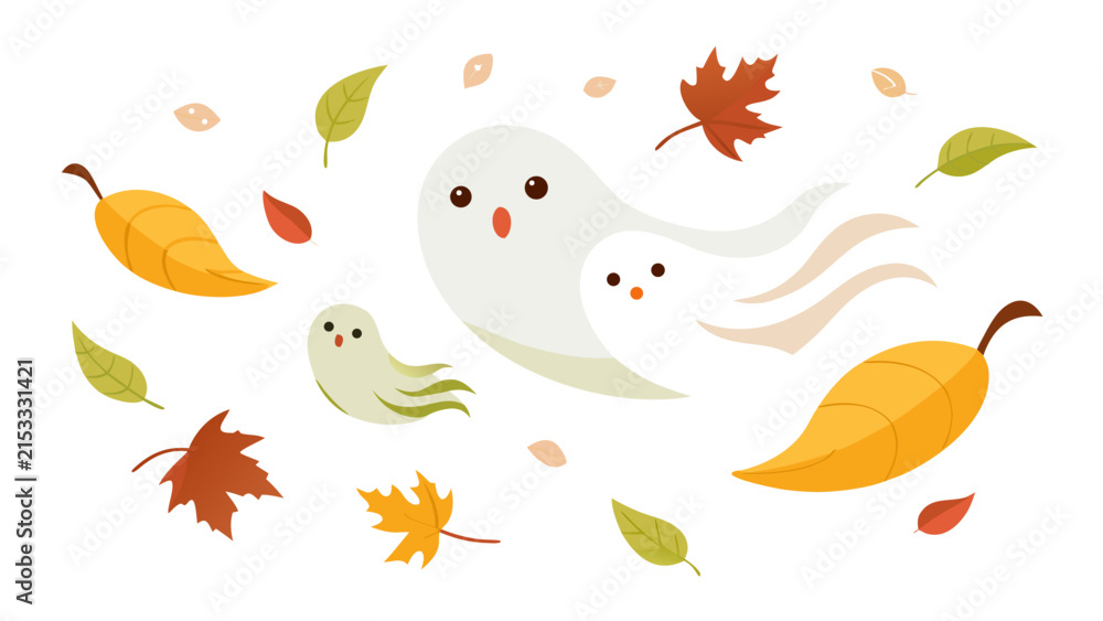 Fototapeta premium Cute cartoon ghosts floating with falling autumn leaves halloween background concept halloween background seasonal trending illustration friendly whimsical decorative minimalist wallpaper