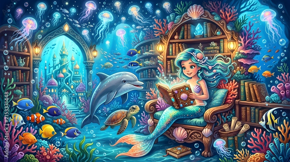 Fototapeta premium Magical Mermaid Reading Books in an Underwater Library – Children's Fantasy Illustration