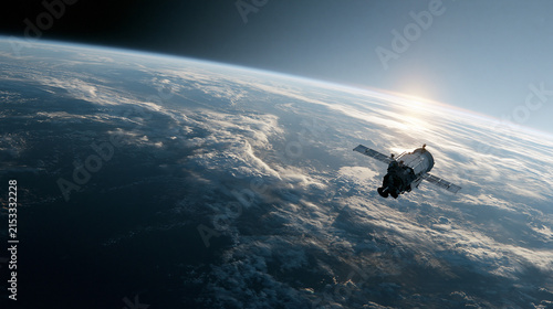 Satellite orbiting above earth with a sunrise, highlighting global communication and space exploration.