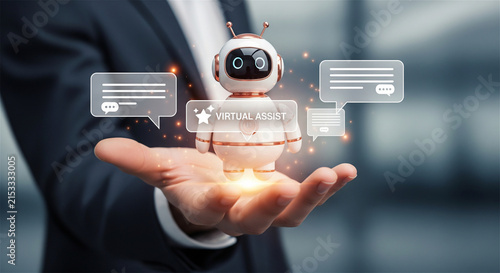 AI chatbot assistant in businessman hand, virtual assistant robot with chat bubbles, artificial intelligence customer service concept