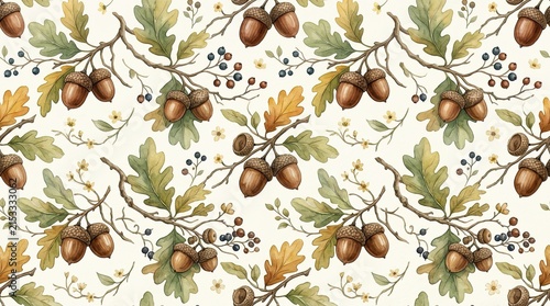 Seamless watercolor autumn pattern with oak branches, green and golden leaves, acorns and wild berries on light background, elegant woodland botanical illustration for seasonal design