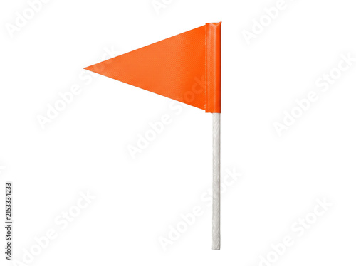 Orange safety flag pennant marker standing isolated on white background for construction caution warning location marking survey equipment hazard indicator signal object symbol icon design element.