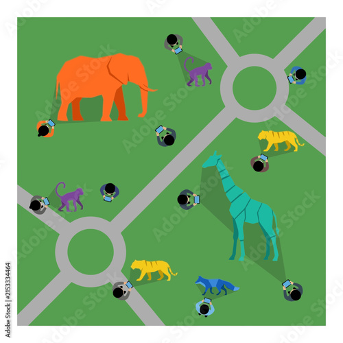 People using tablets for augmented reality zoo tour from above view