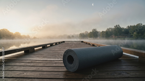 Wooden Yoga Deck Over Calm Lake with Morning Mist