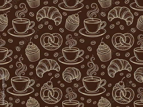 Seamless pattern with coffee cups, croissants, cupcakes and pretzels