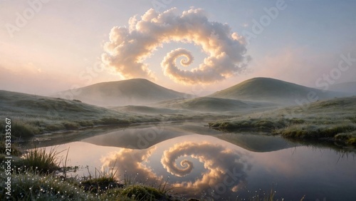 Surreal Spiral Cloud Formation Reflected in Misty Landscape Lake.