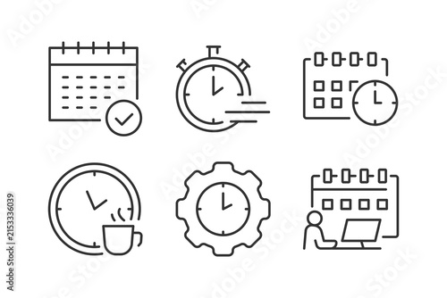 Calender and clock vector line icon set featuring user schedule, time management, monthly calendar, notification, meeting time, and sync calendar for business organizer.