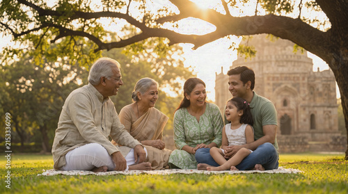 Indian Family Picnic on Lawns of Historic Delhi Garden