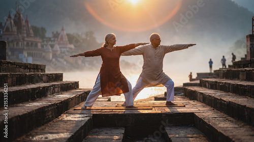 Senior Indians Practicing Sunrise Yoga on Ganges Ghat Rishikesh