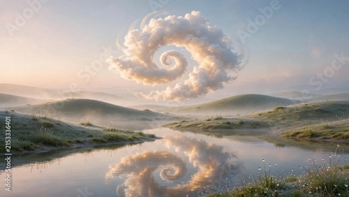 Surreal Spiral Cloud Formation Over Misty Landscape Reflection.