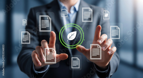 Green business document management, eco friendly digital archiving system, sustainable corporate paperless office technology