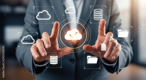 Cloud computing technology concept, businessman interacting with virtual database storage icons, digital network security infrastructure