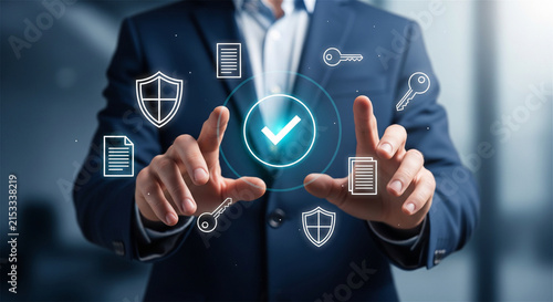 Cybersecurity compliance concept with businessman, data protection and digital security interface, corporate privacy network