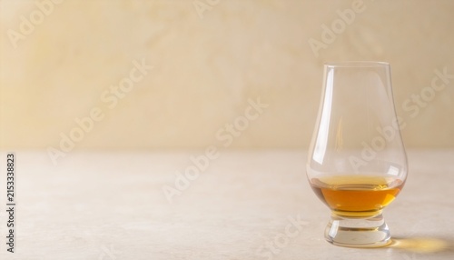 Premium Amber Whisky in Tulip Tasting Glass with Large Copy Space